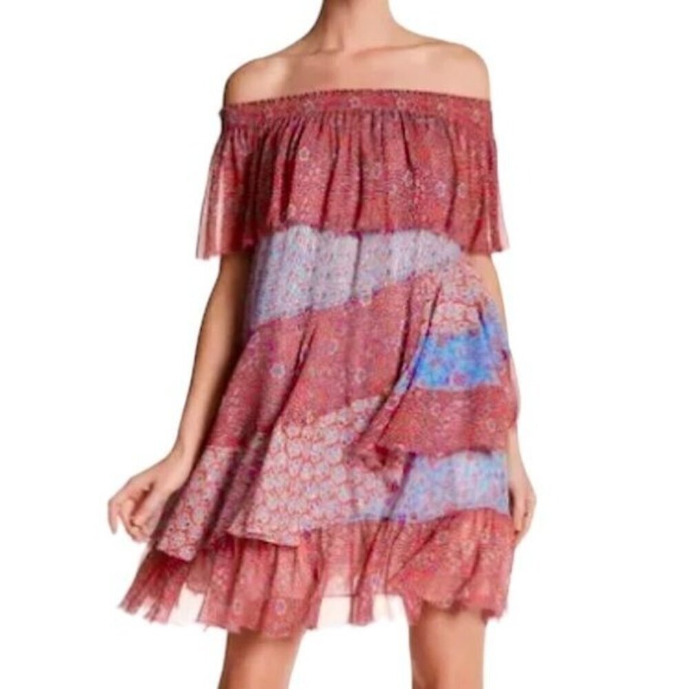 Rebecca Taylor Silk Off Shoulder Patchwork Mini Dress Mermaid Size S - Picture 2 of 15